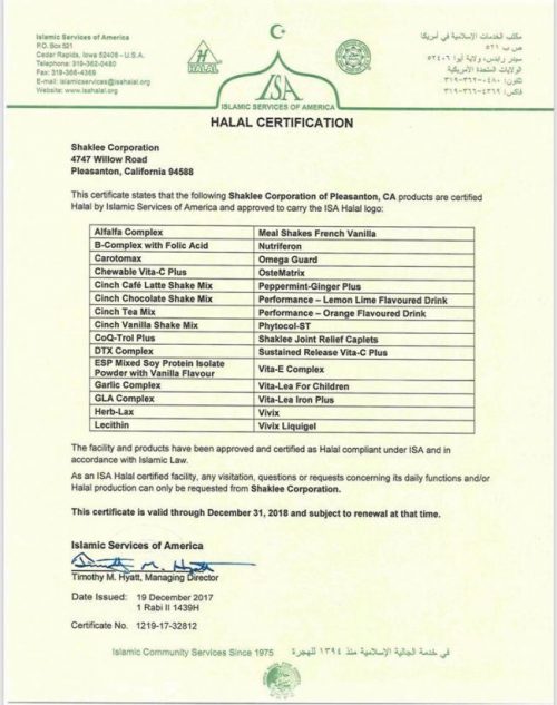 Sijil Halal Shaklee 2018